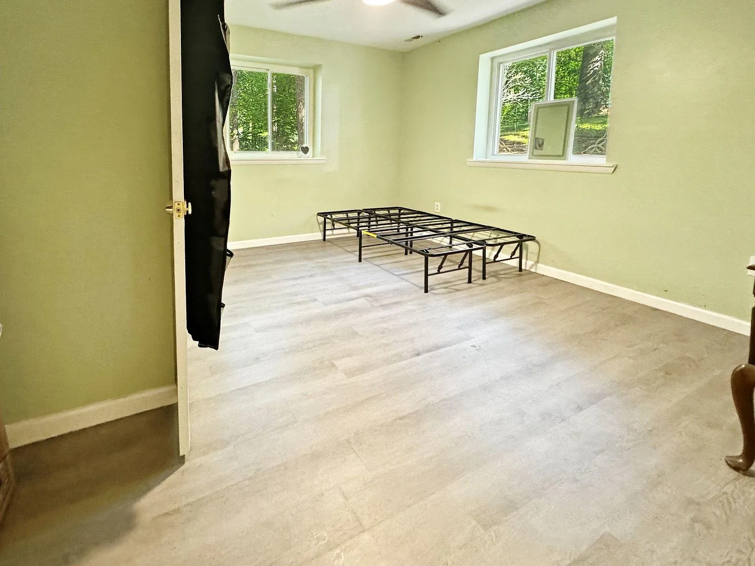 Bedroom with sage green walls and vinyl plank flooring
