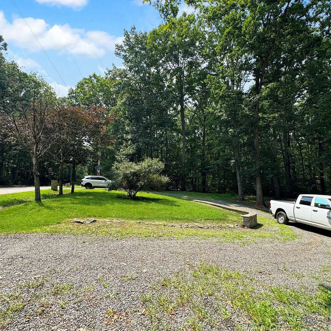 Gravel driveway through wooded acreage with mature trees