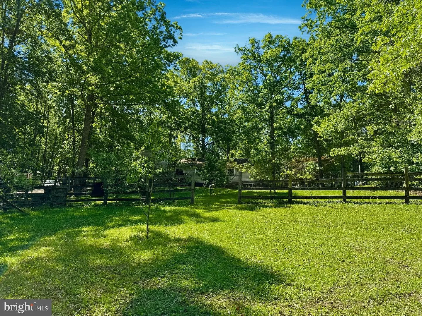 Expansive backyard lawn with post-and-rail fence and tree line