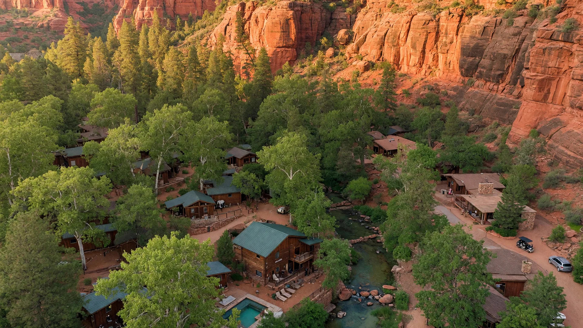 Oak Creek Terrace Resort aerial view nestled in Oak Creek Canyon, Sedona