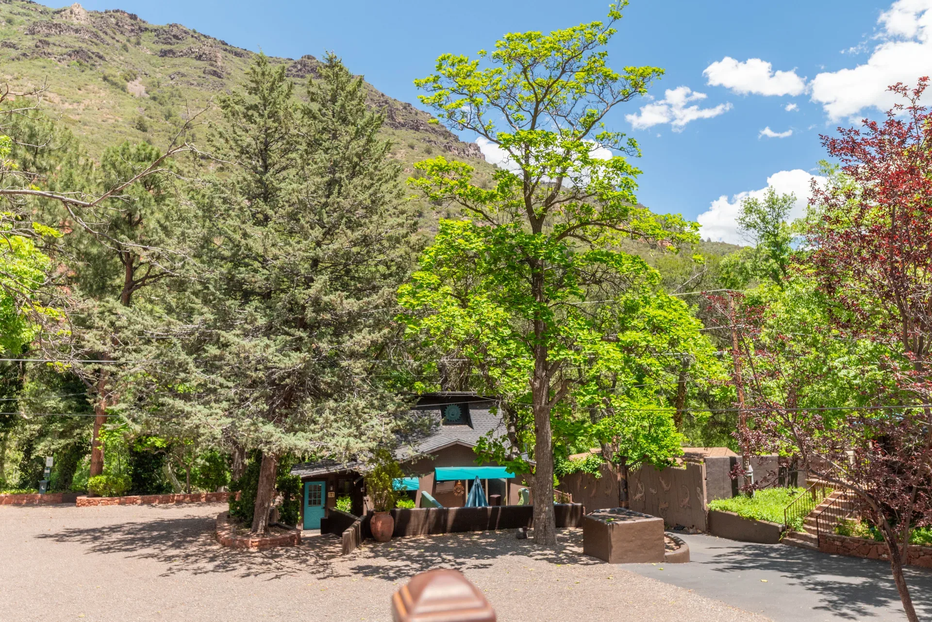 Wide shot of resort grounds with rustic lodge buildings