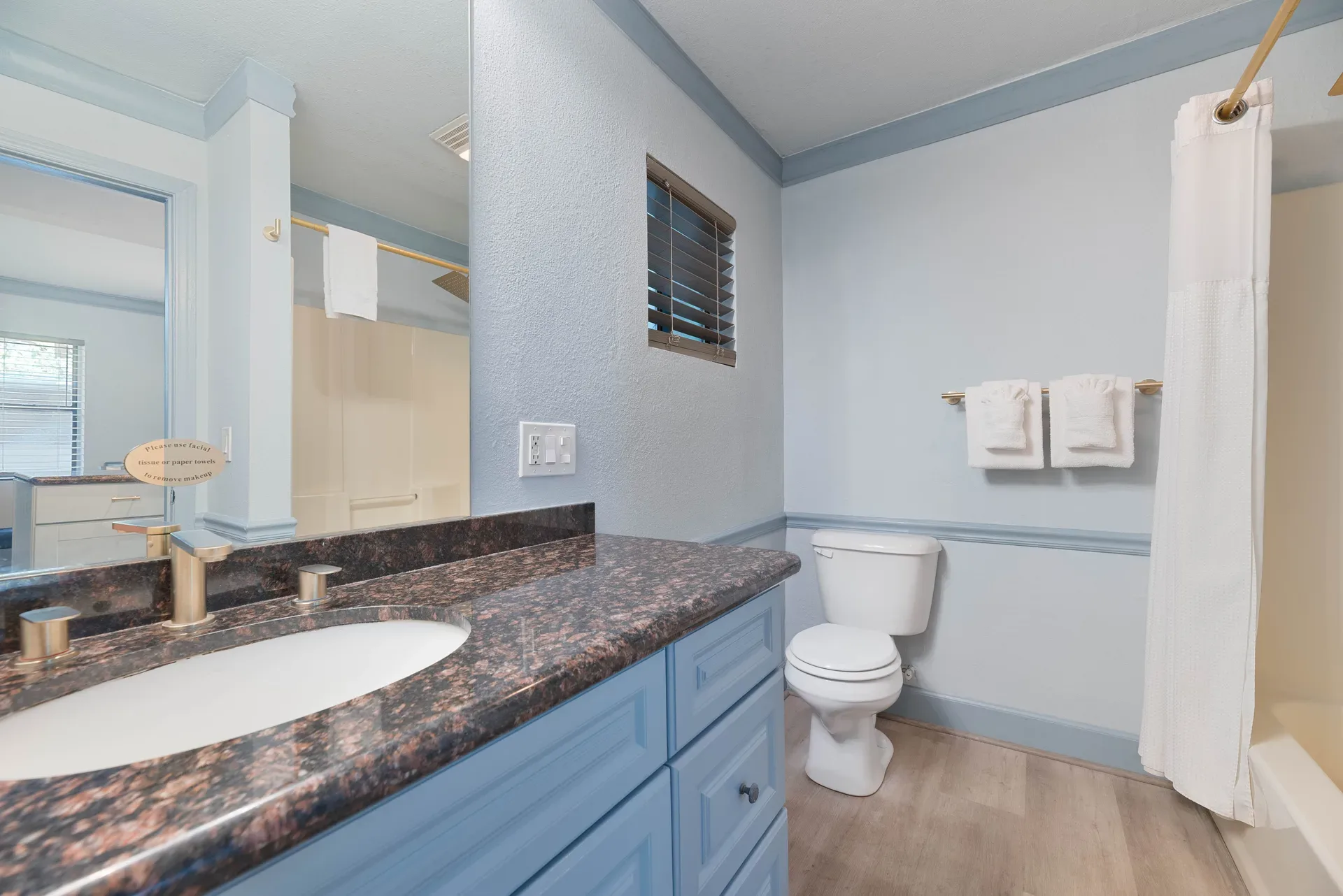 Cottage-style bathroom with light blue walls and granite vanity