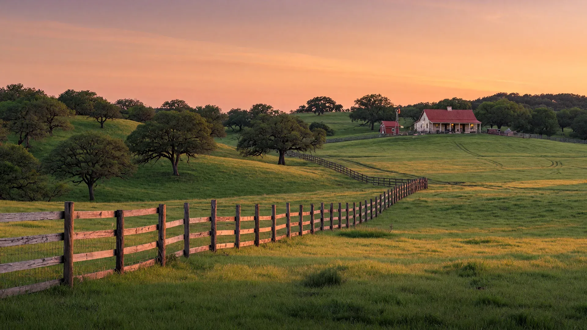 Rolling Texas Hill Country acreage with live oak trees and rustic fencing at golden hour