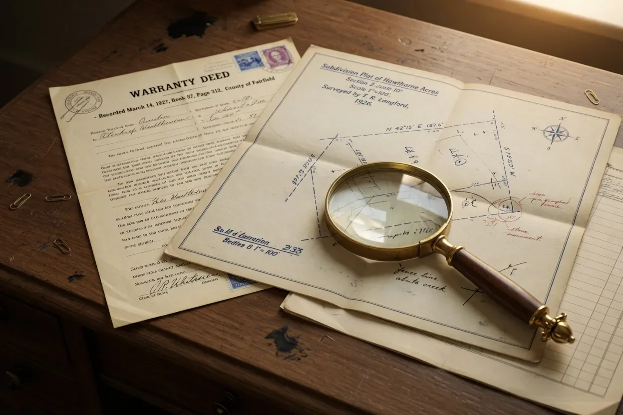 Recorded deed documents and property plat map on a desk with magnifying glass