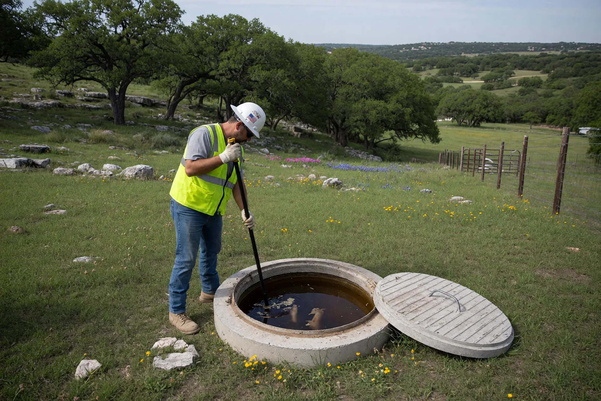 Technician inspecting a septic system on a rural Texas property