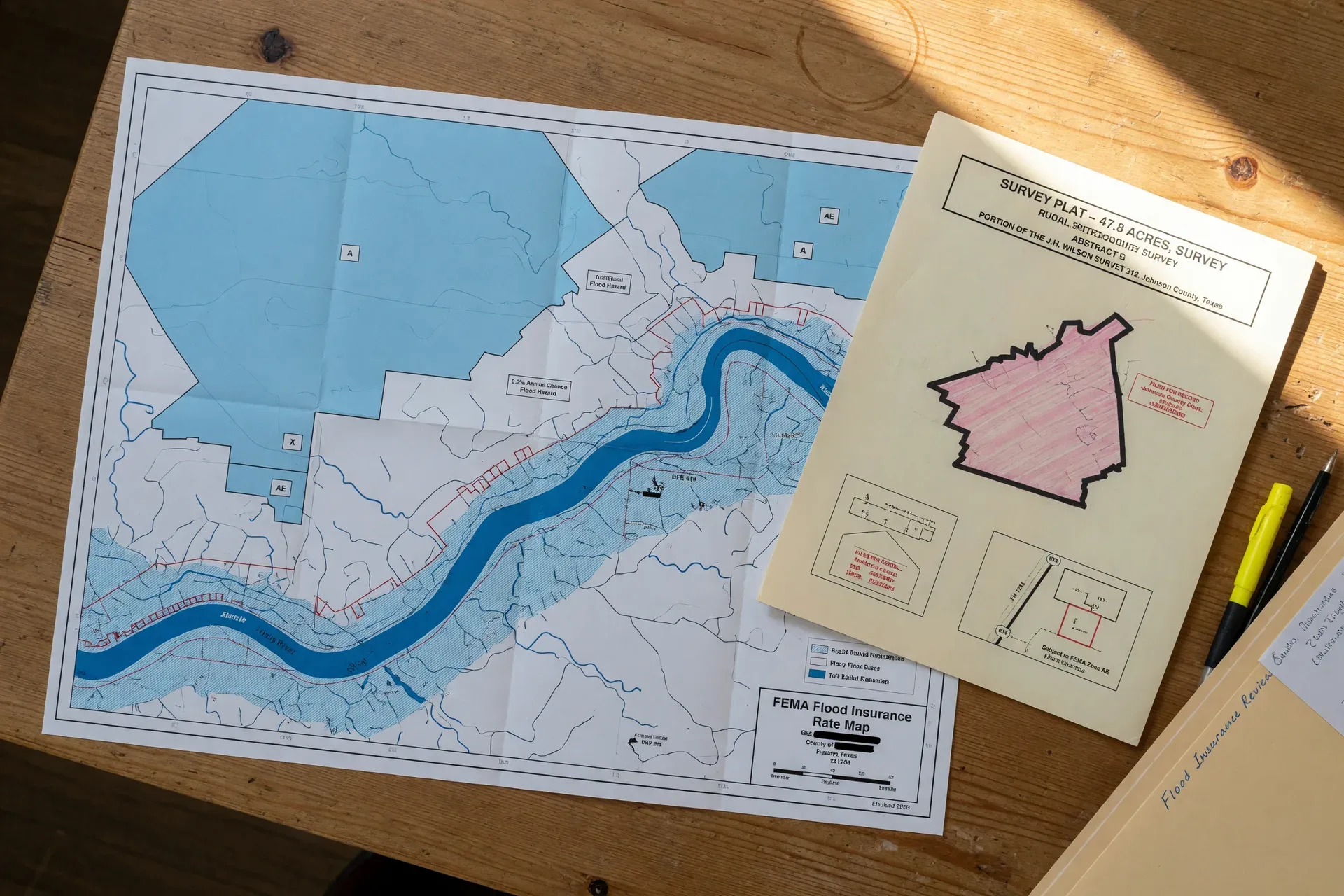 FEMA flood zone map spread on a table next to a property survey document