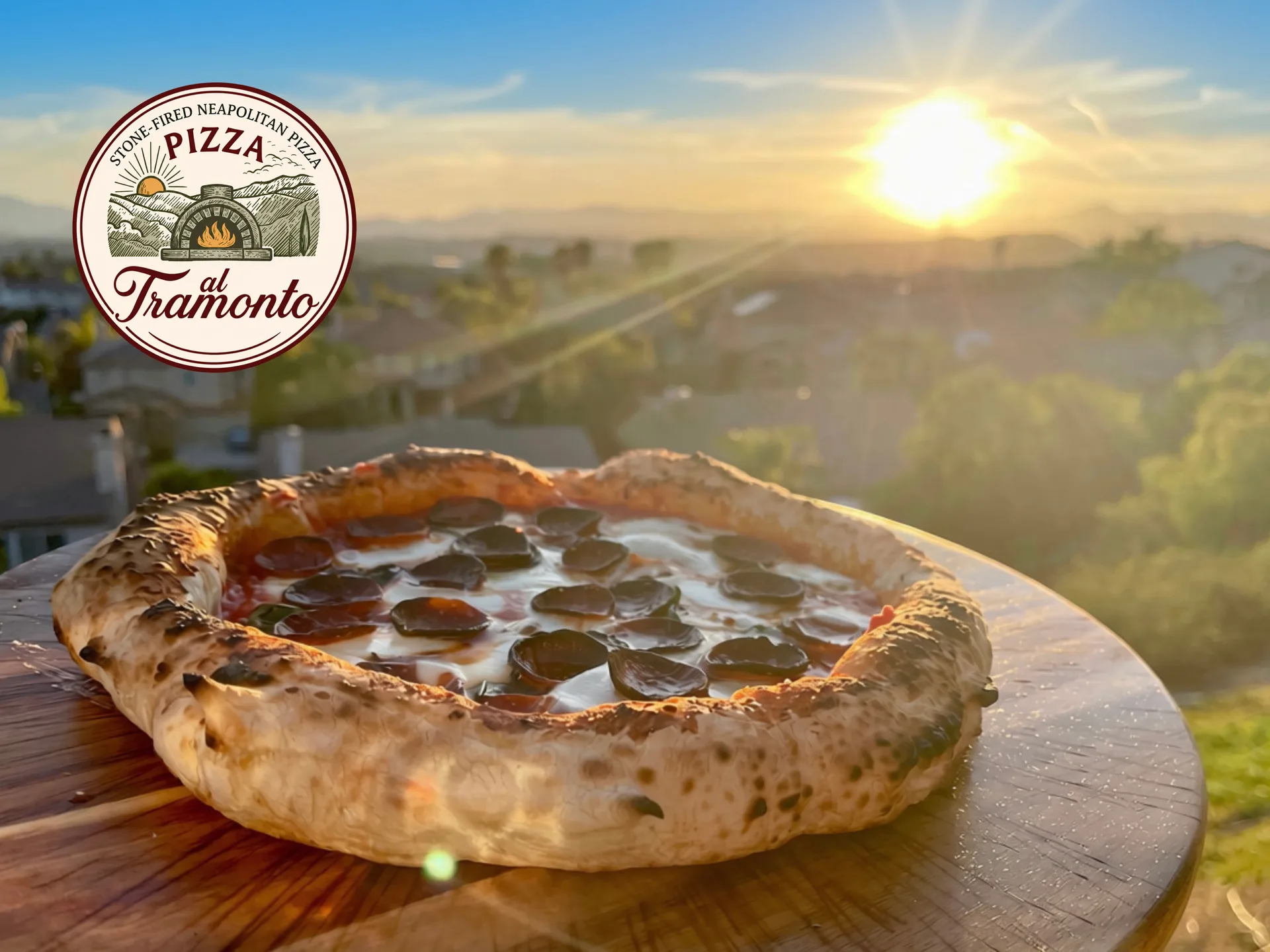 Pepperoni pizza at sunset with the Pizza al Tramonto logo, stone-fired Neapolitan pizza in Santa Clarita
