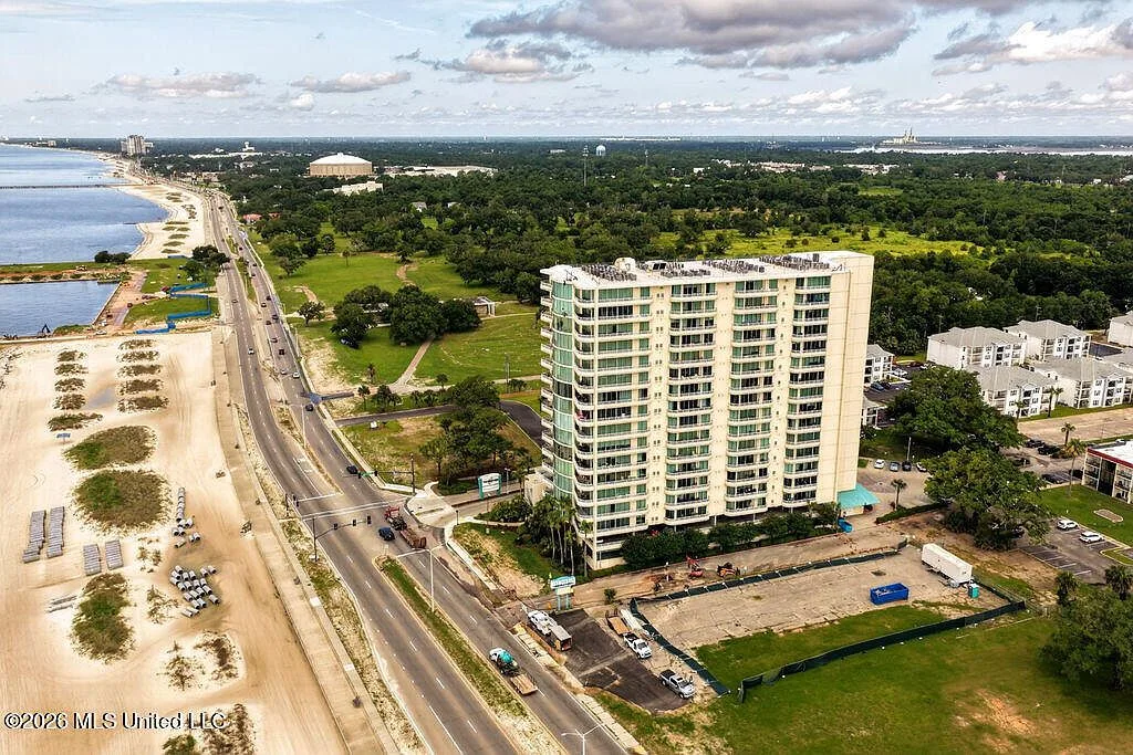 Aerial drone view of Ocean Club condominium complex on Biloxi Beach