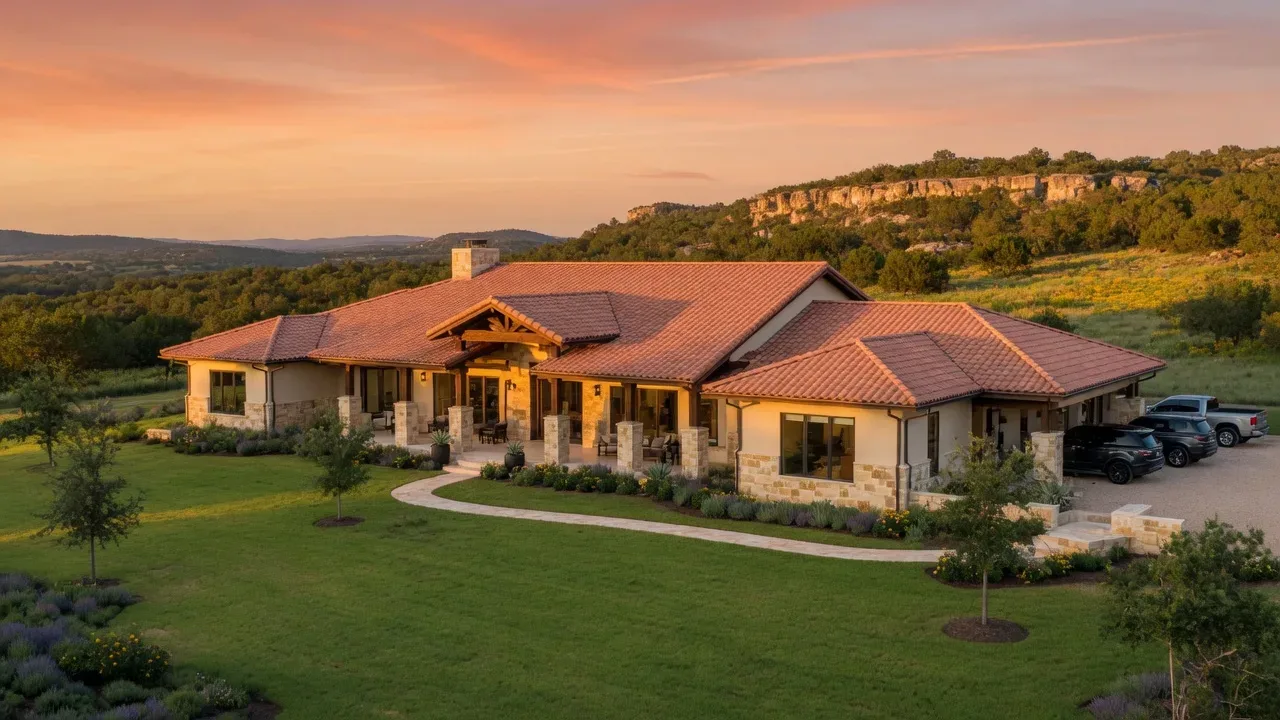 Texas Hill Country home at golden hour with terracotta roof and green lawn