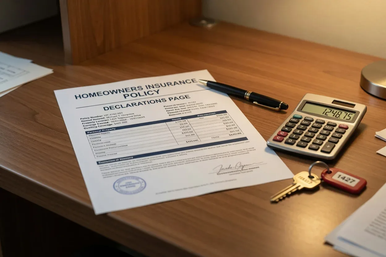 Homeowners insurance policy document on a desk with calculator and house key