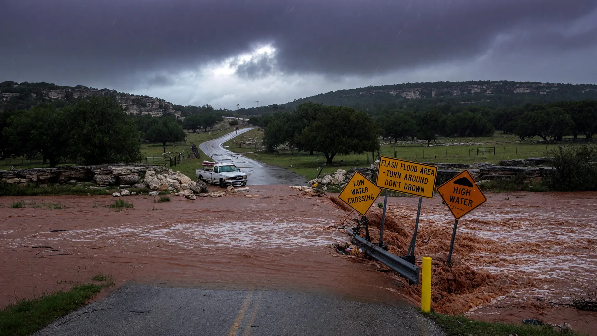 Texas Hill Country low-water crossing during a flash flood event