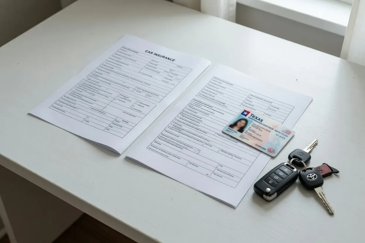 Auto insurance policy document with Texas driver's license and car keys