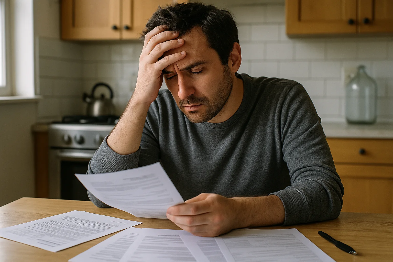 Homeowner seated at a kitchen table reviewing paperwork, illustrating the stress of selling DIY