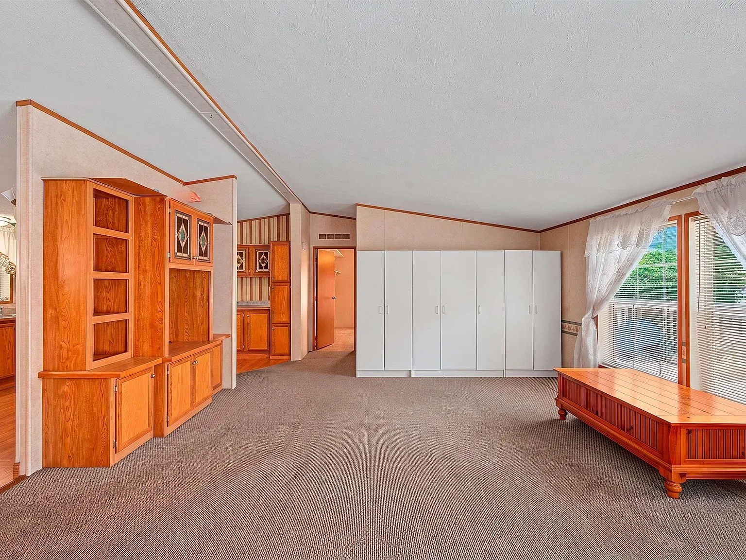 Living room with built-in shelving and natural daylight