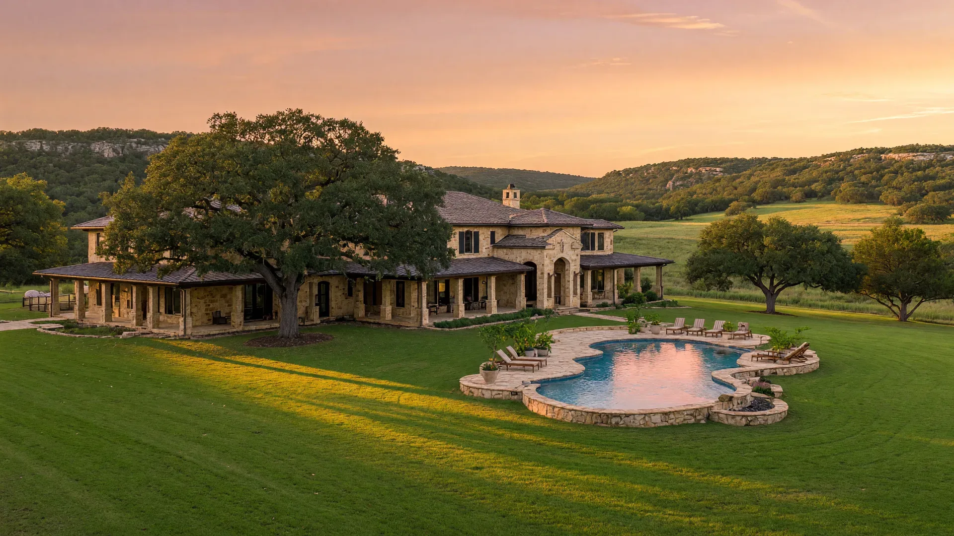 Texas Hill Country estate with pool and landscaped grounds at sunset