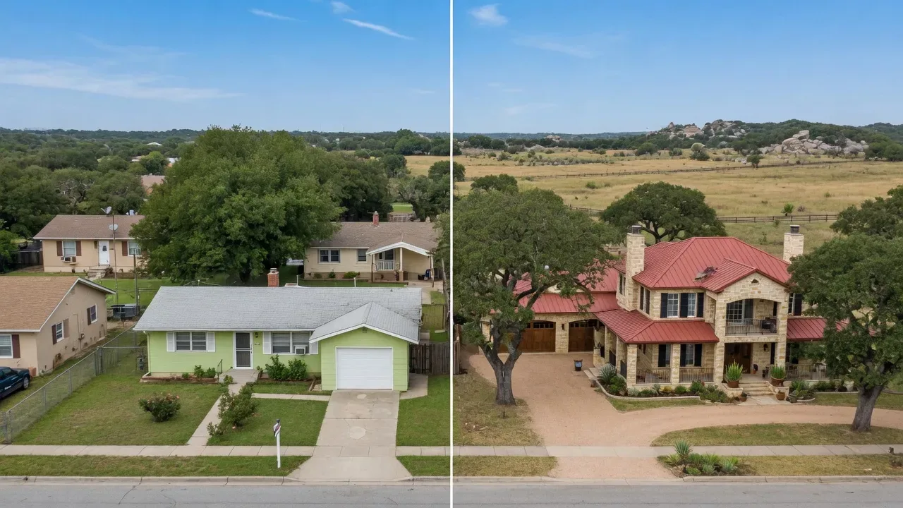 Aerial view comparing a small California home with a larger Texas Hill Country home