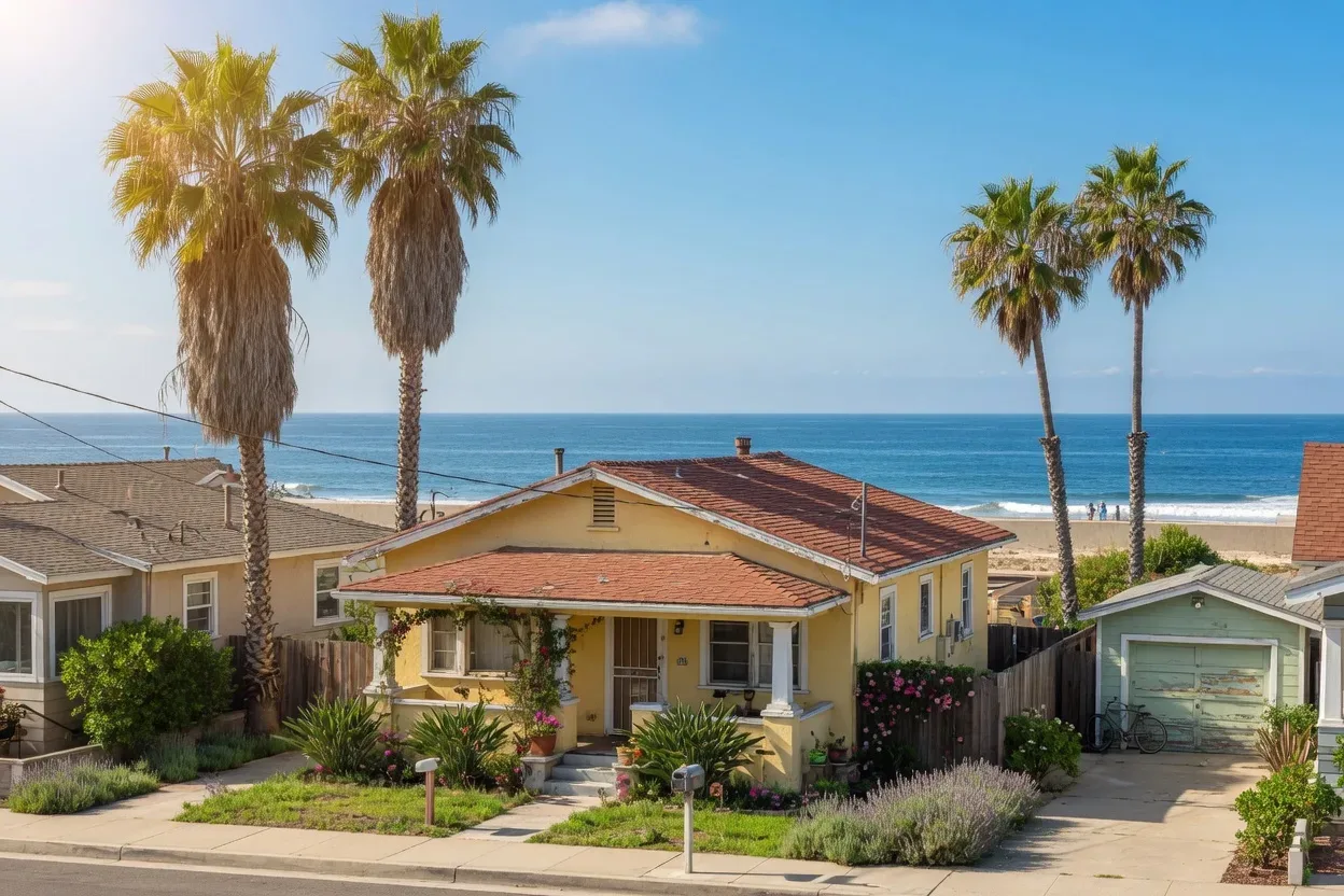 Illustrative coastal California bungalow; detached homes are not presented as typical $800,000 purchases in the selected cities