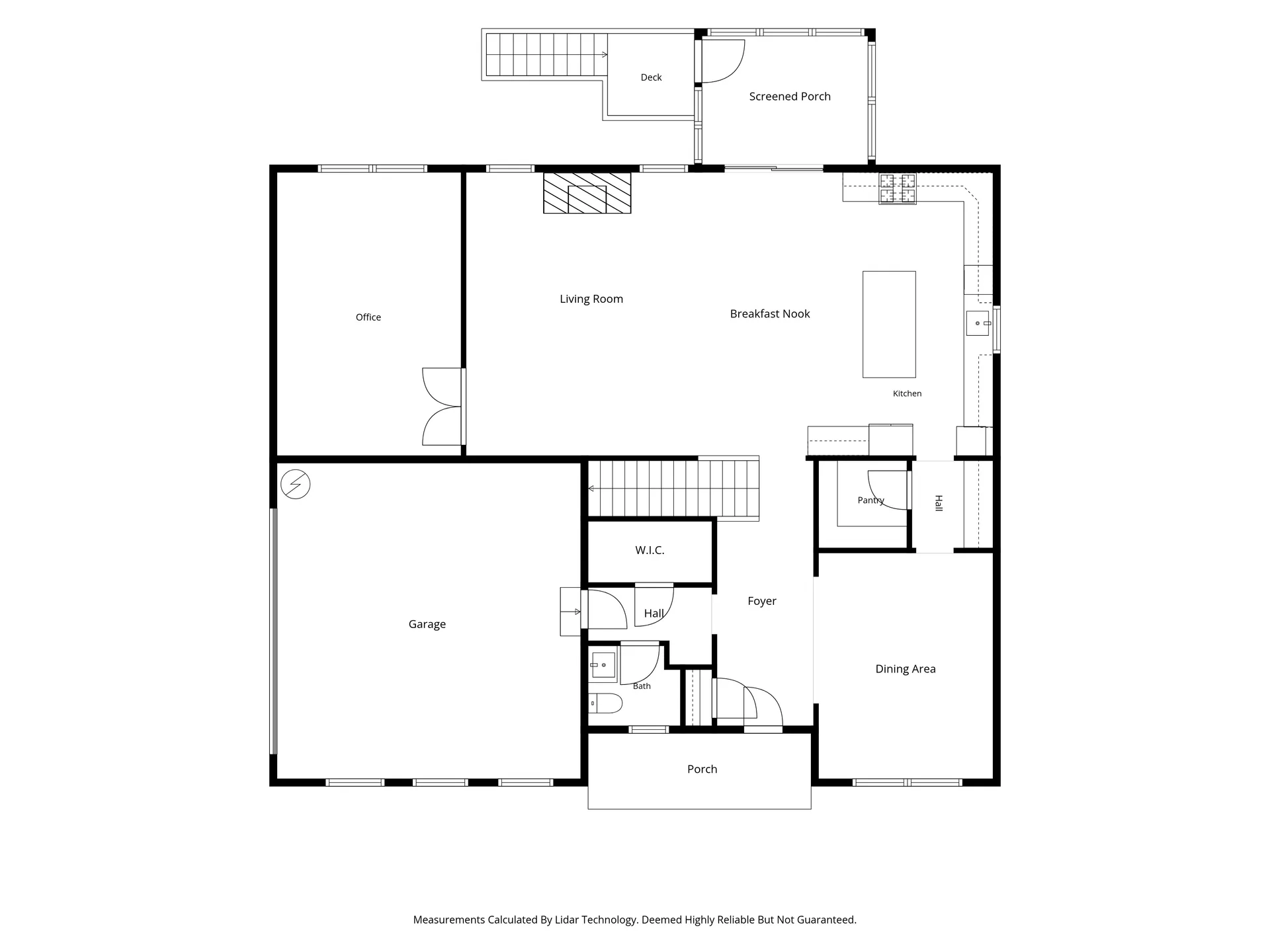 First floor plan showing foyer, office, living room, kitchen, dining area, garage, screened porch, and deck