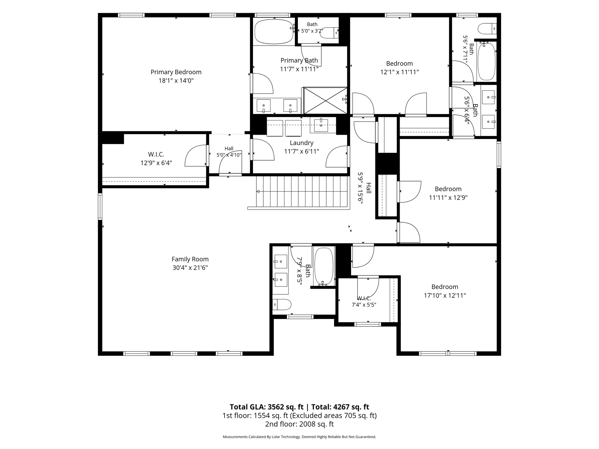 Second floor plan with four bedrooms, four bathrooms, family room, and laundry room