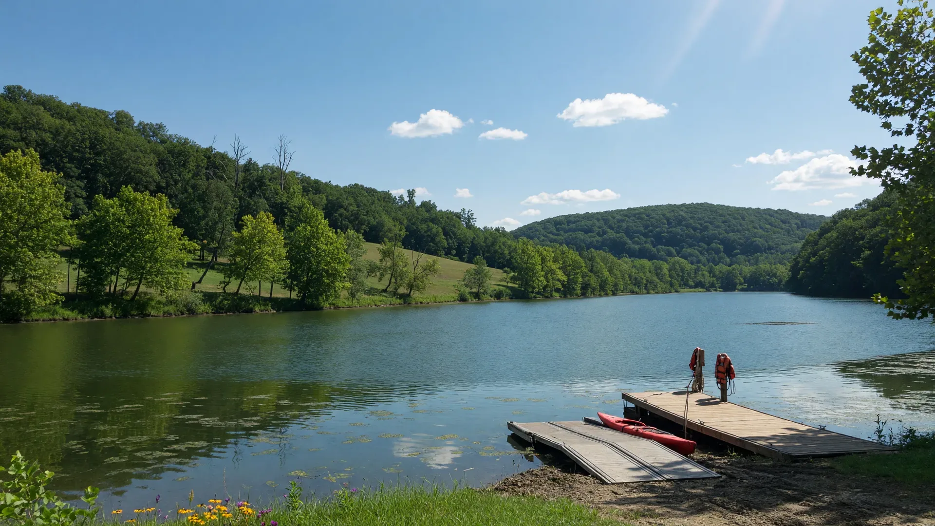 Caesar Creek State Park lake with a wooden dock and waterfront seating, a peaceful outdoor escape near Wilmington, Ohio