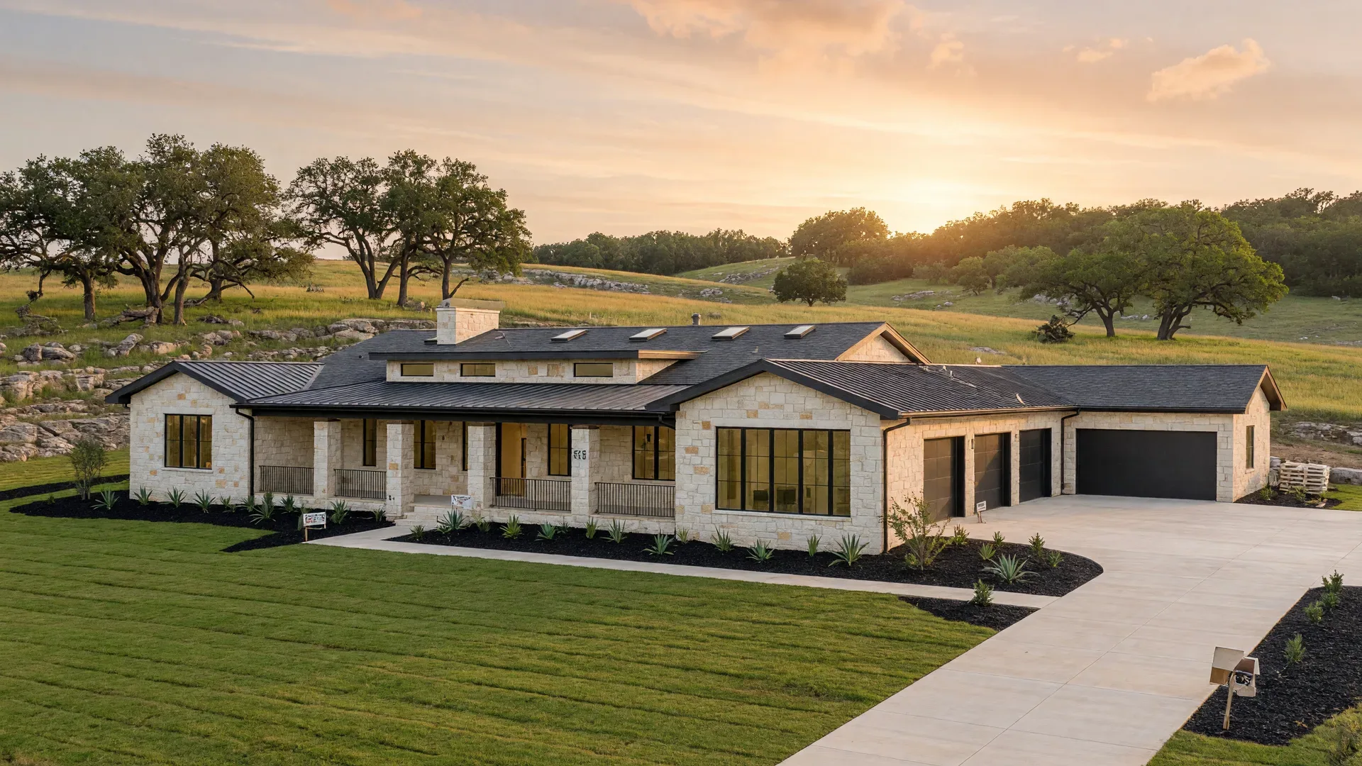 New-construction Hill Country home with stone facade and green lawn