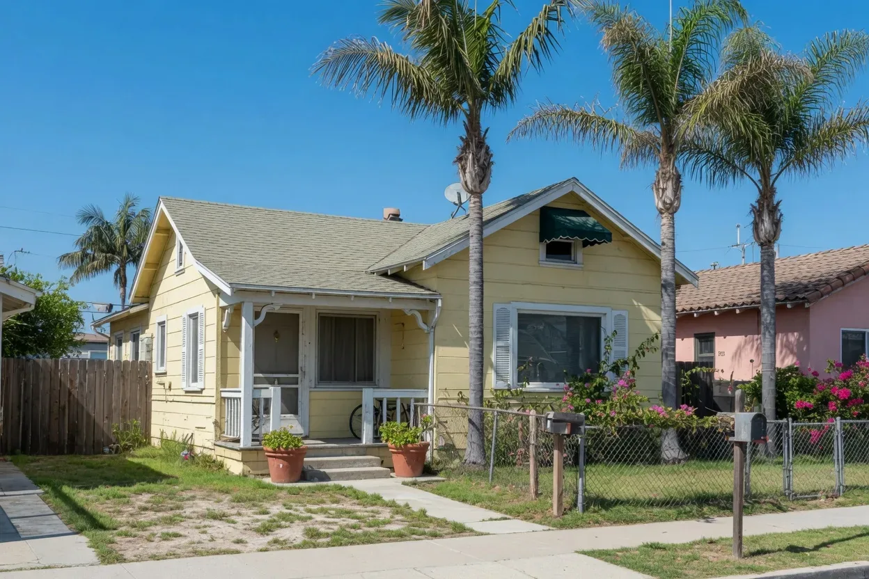 Modest coastal California cottage on a small lot with palm trees
