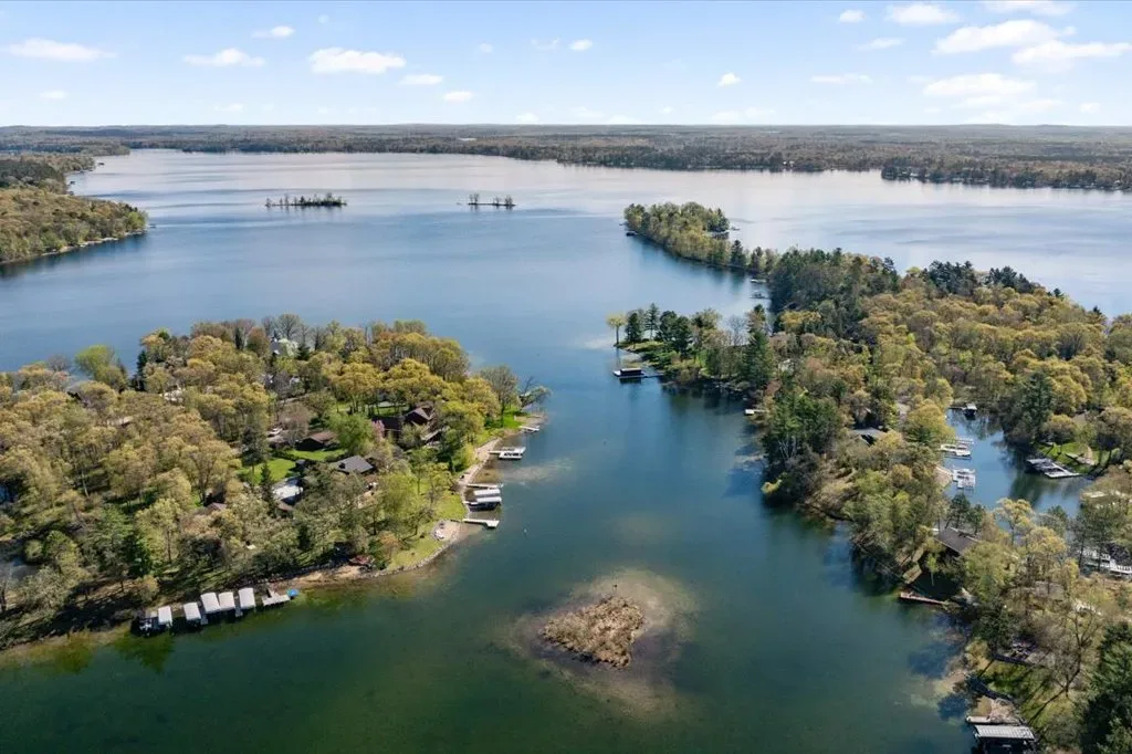 Aerial view of the forested lakefront community along the Whitefish Chain