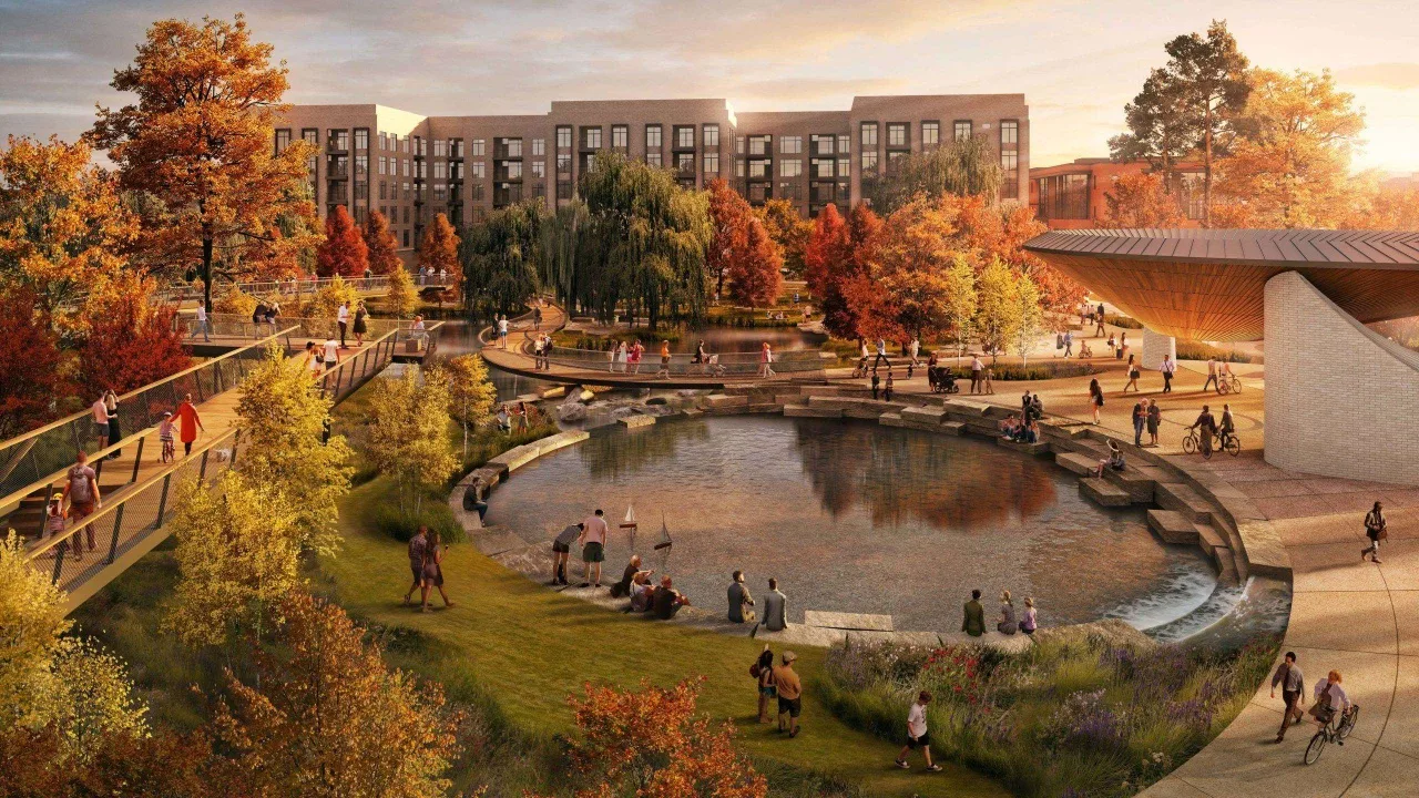 Downtown Cary Park with urban park, pond, and pedestrian bridges in autumn
