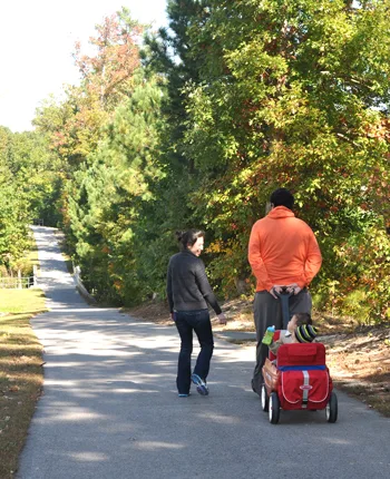 Paved walking path through autumn wooded area at William B. Umstead State Park near Cary, NC