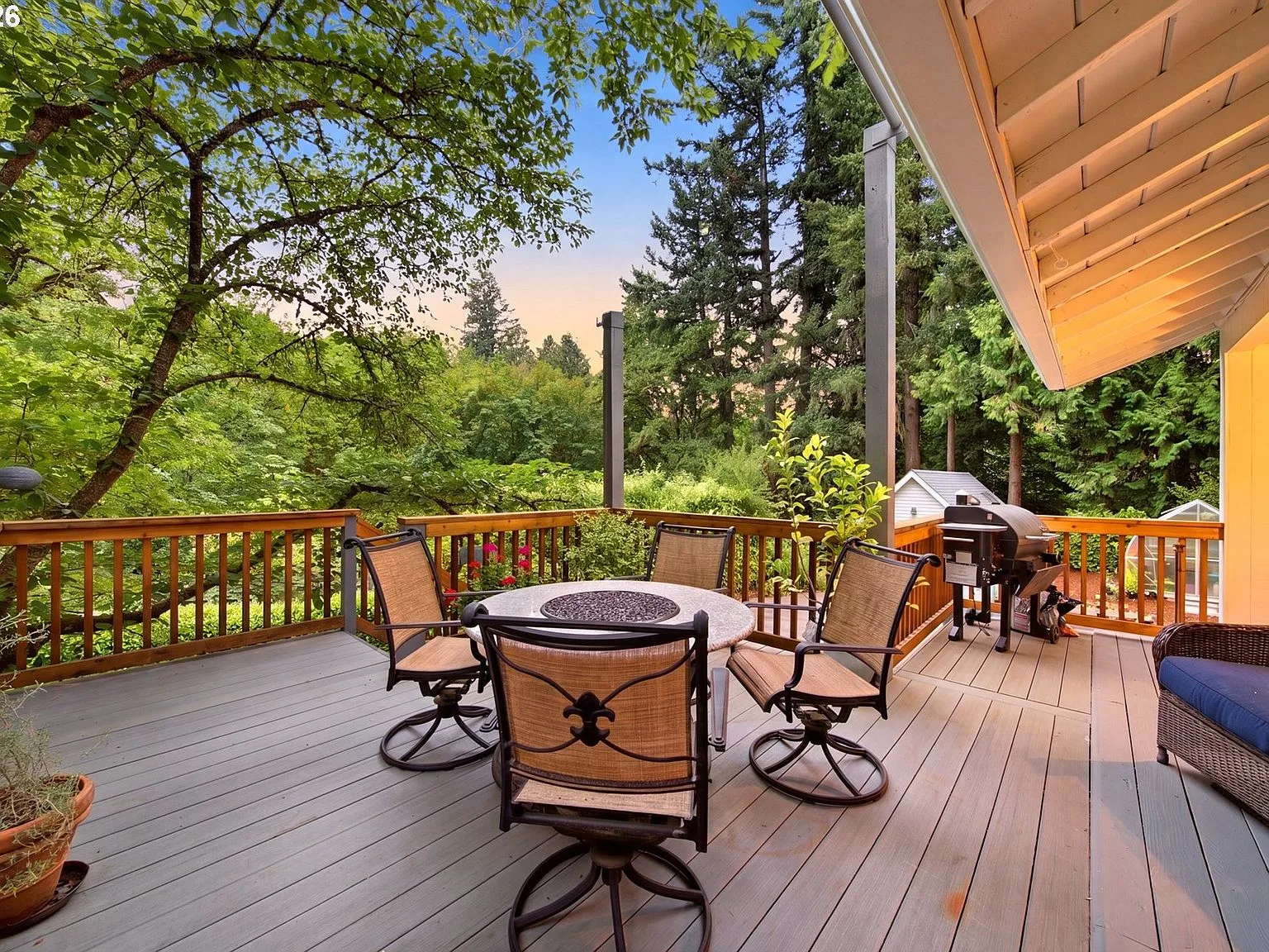 Elevated back deck overlooking forest at late afternoon