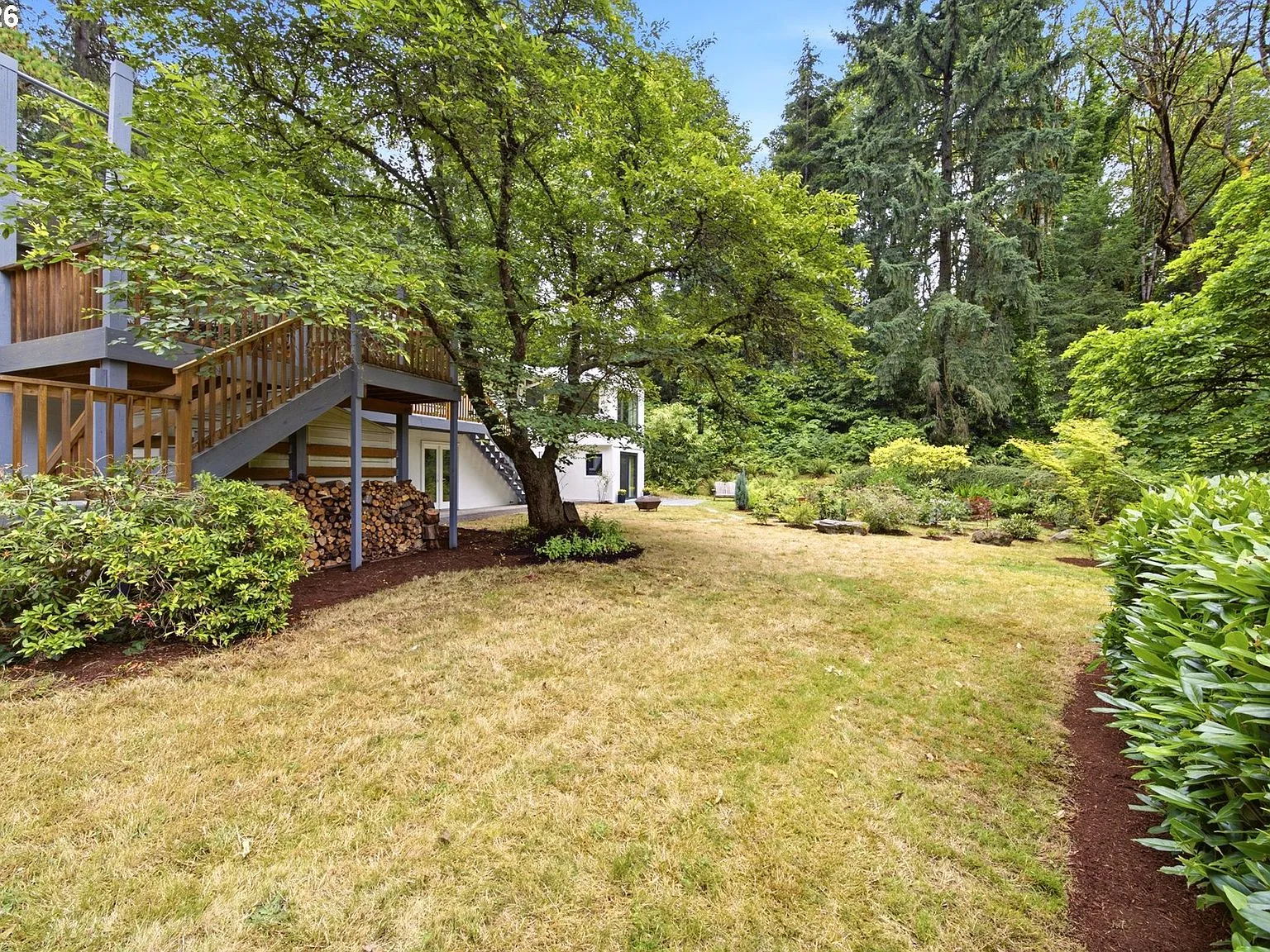 Sprawling shaded backyard with mature trees and natural landscaping