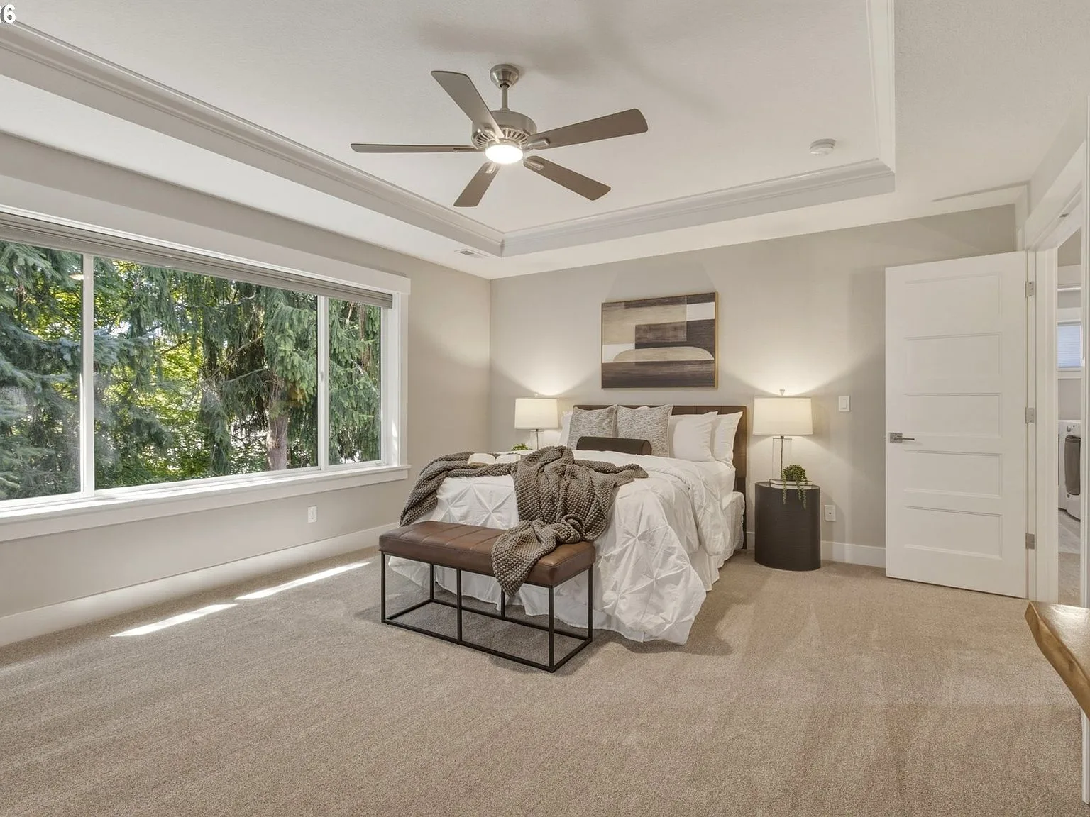 Primary bedroom alternate angle showing tray ceiling and window view