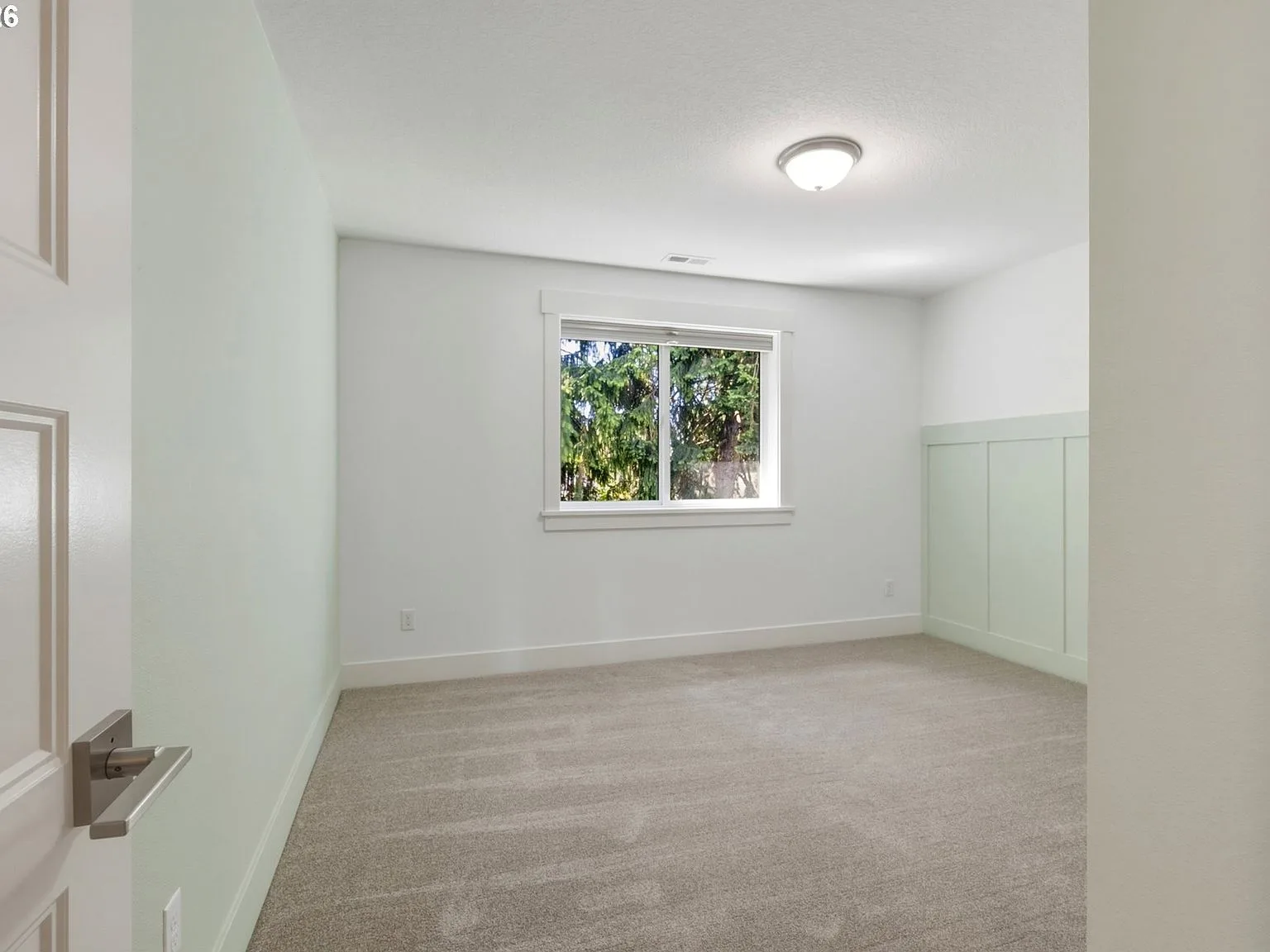 Spare bedroom with board-and-batten accent wall and plush carpet