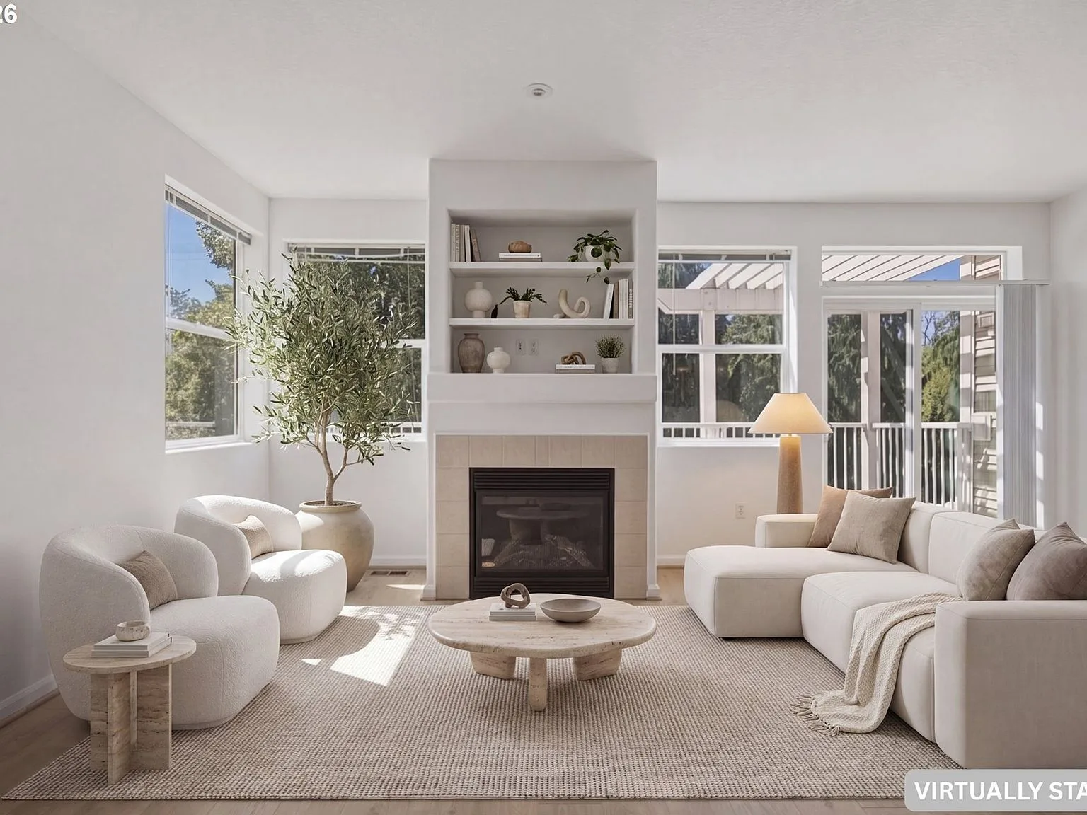 Virtually staged living room with fireplace and modern furniture