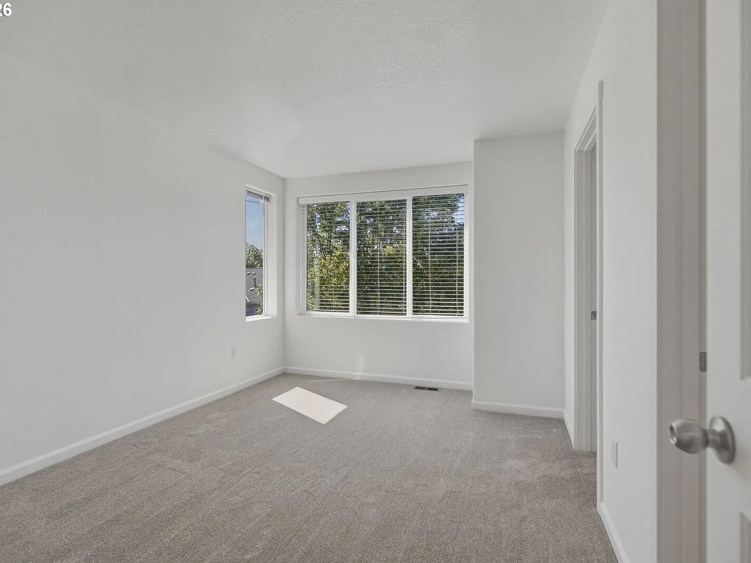 Bright primary bedroom with new carpet and large windows