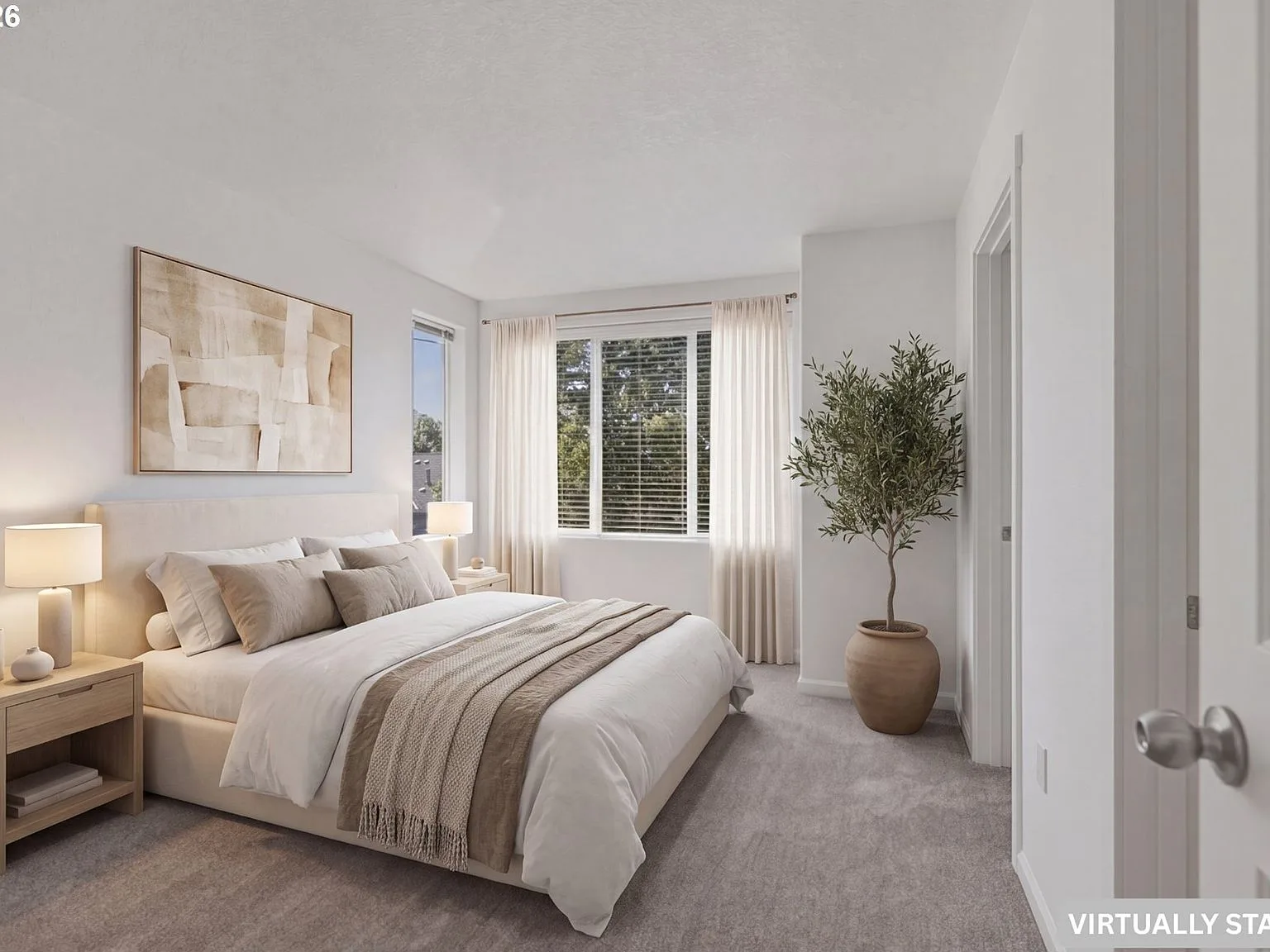 Virtually staged primary bedroom with modern decor