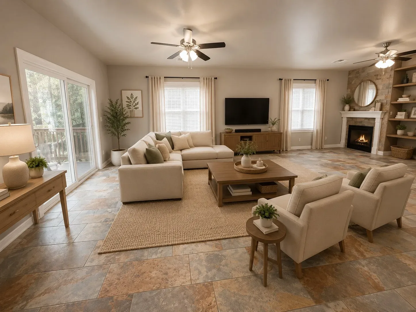 Family room with stone fireplace and built-in shelving