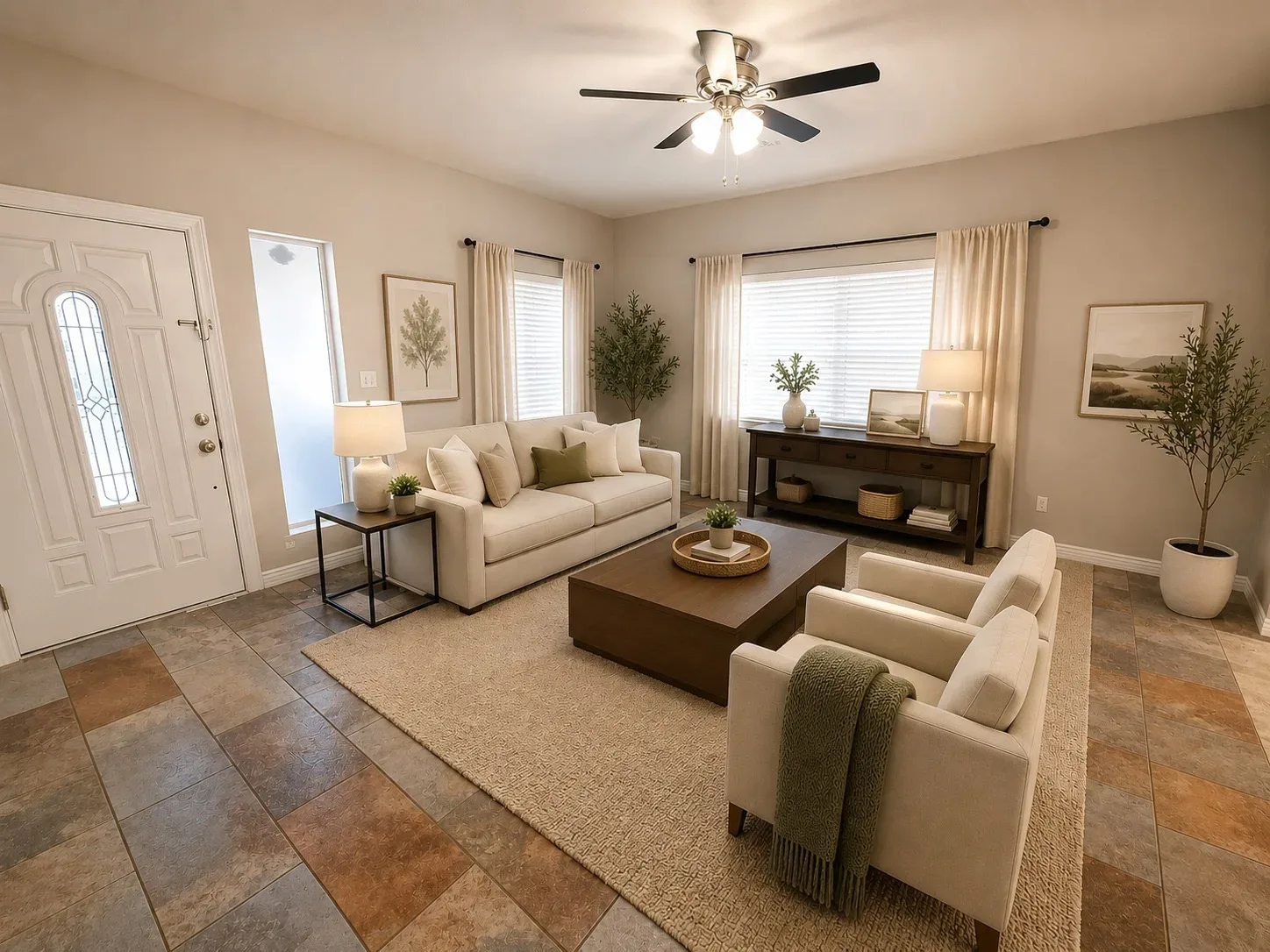 Living room with front entry view