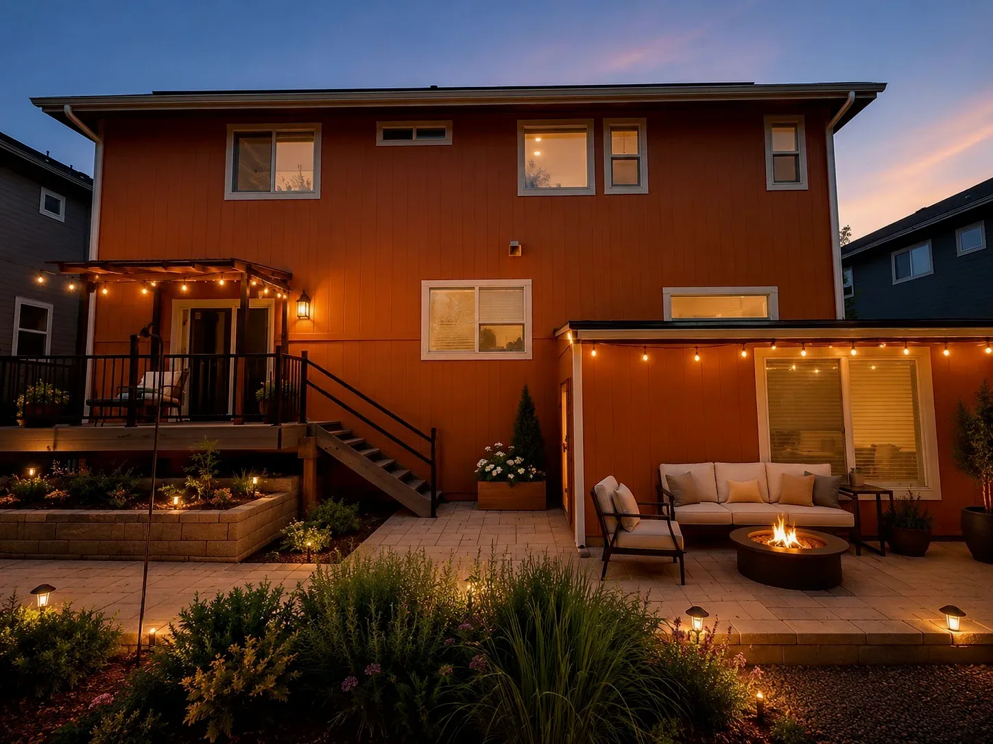 Backyard patio at dusk with string lights