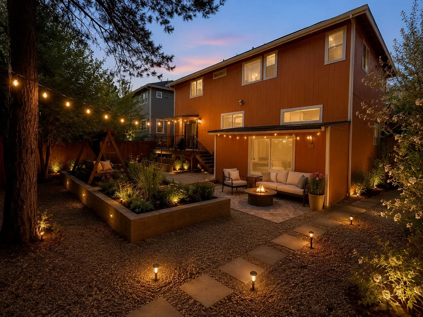 Backyard twilight patio view