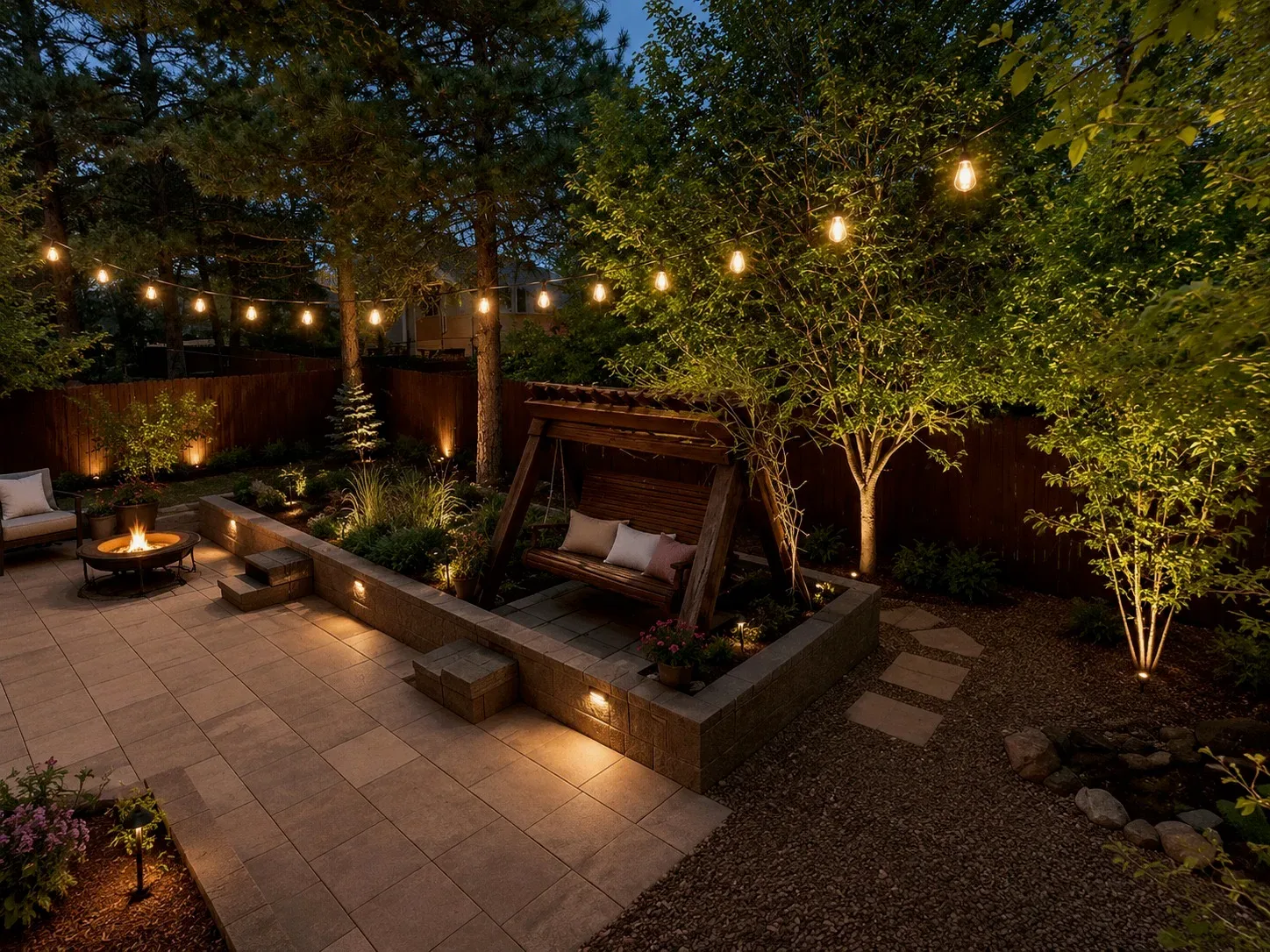Backyard patio with fire pit and string lights at night
