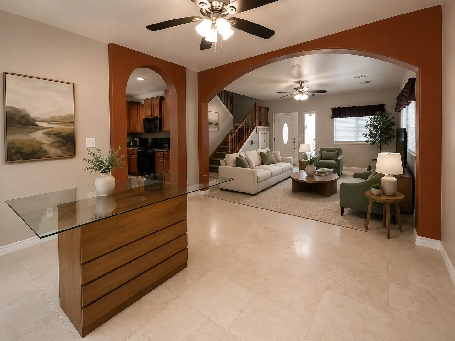 View from dining area into living room and entryway