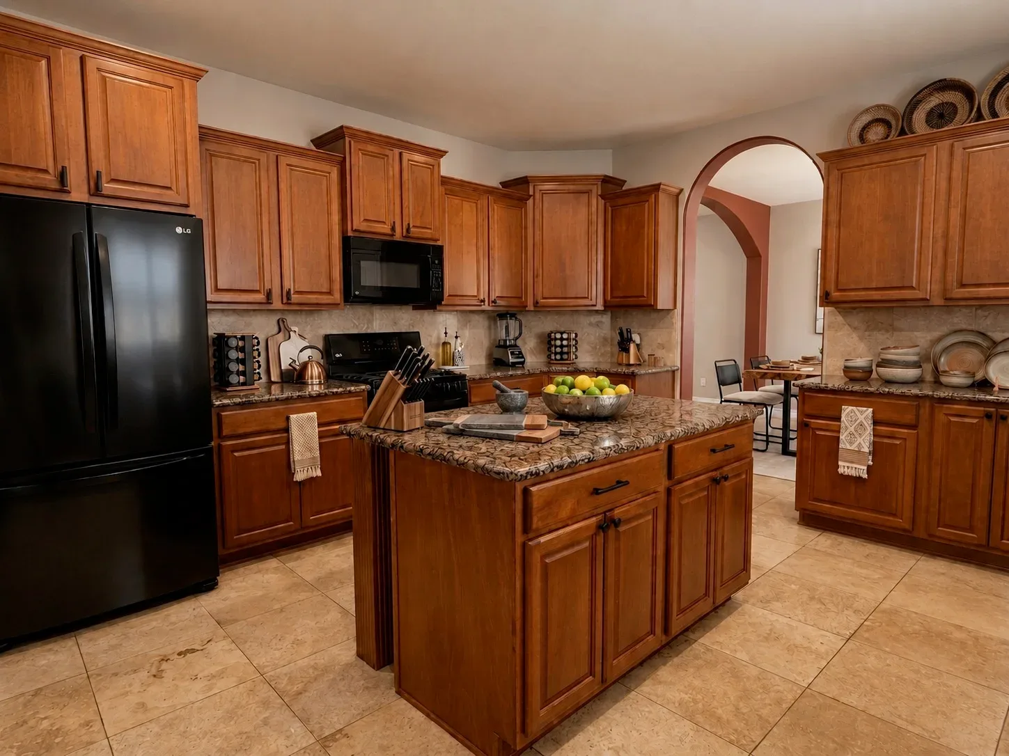 Kitchen with granite counters and island