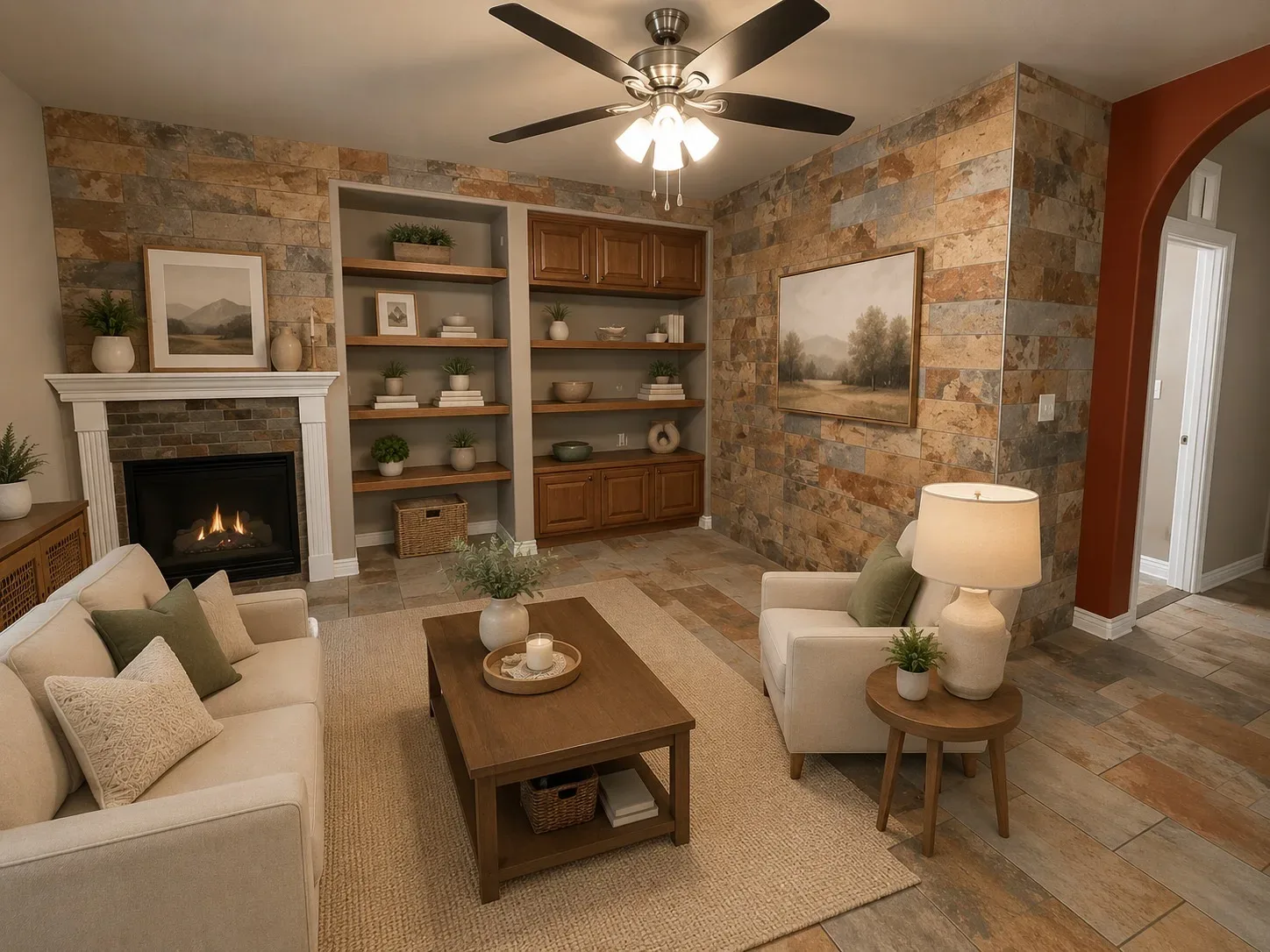 Living room with natural stone fireplace wall