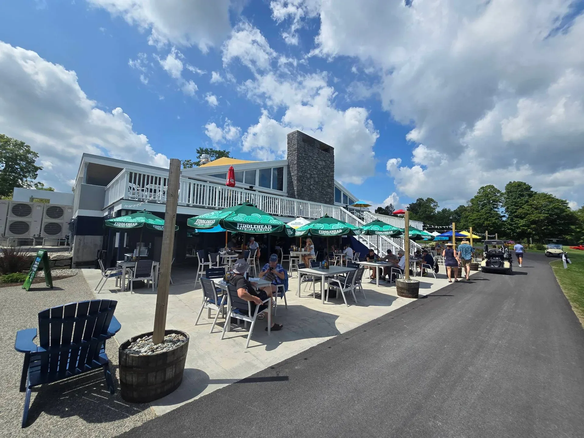 The clubhouse patio at Middlebury College's golf course — a perfect spot to relax after a round