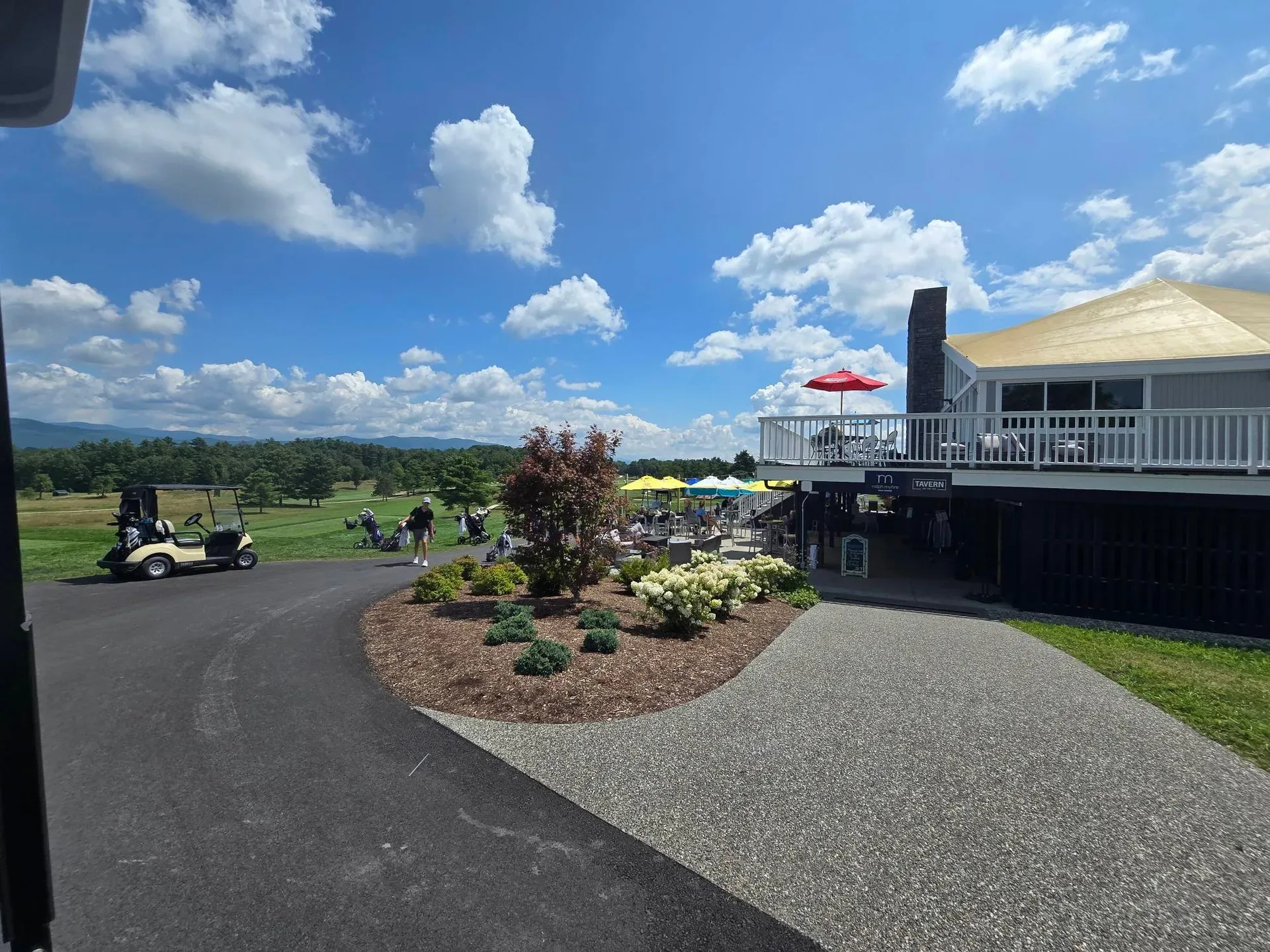 The clubhouse at Middlebury College's Ralph Myhre Golf Course on a beautiful Vermont day