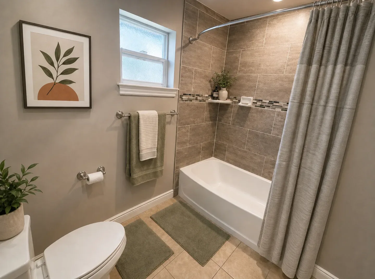 Full bathroom with tile shower surround