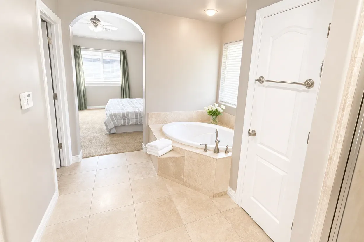 Primary bathroom soaking tub seen through arched doorway