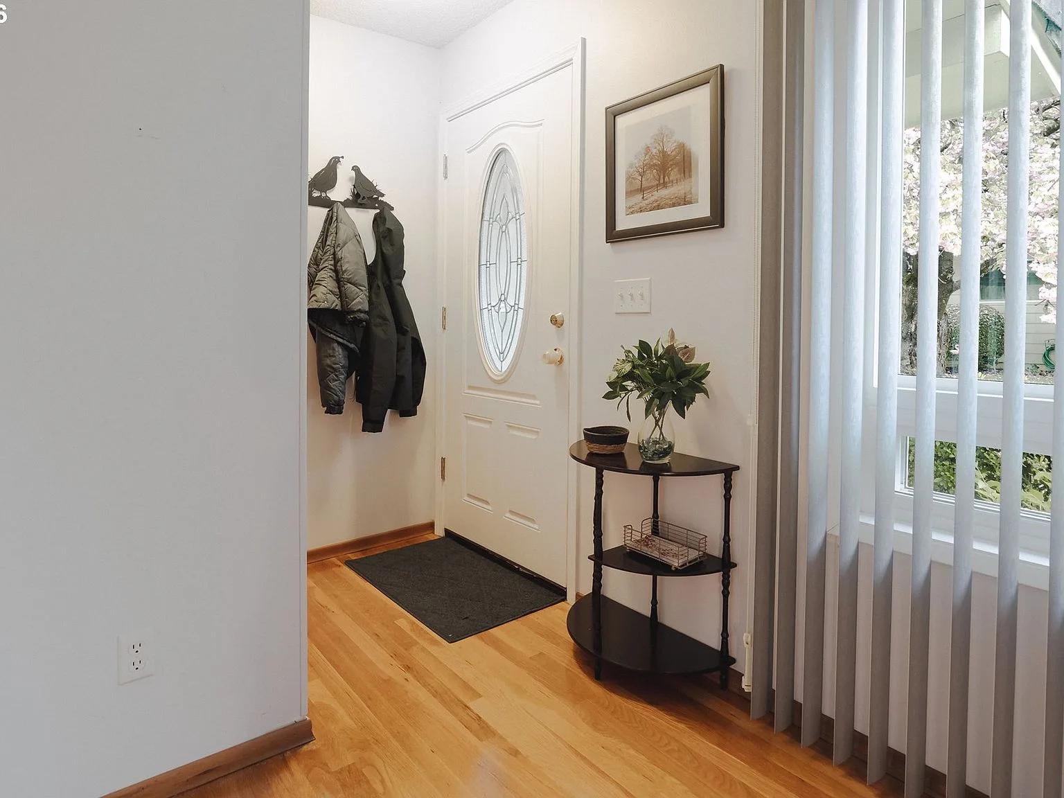 Entry foyer with hardwood floors and natural light from a side window