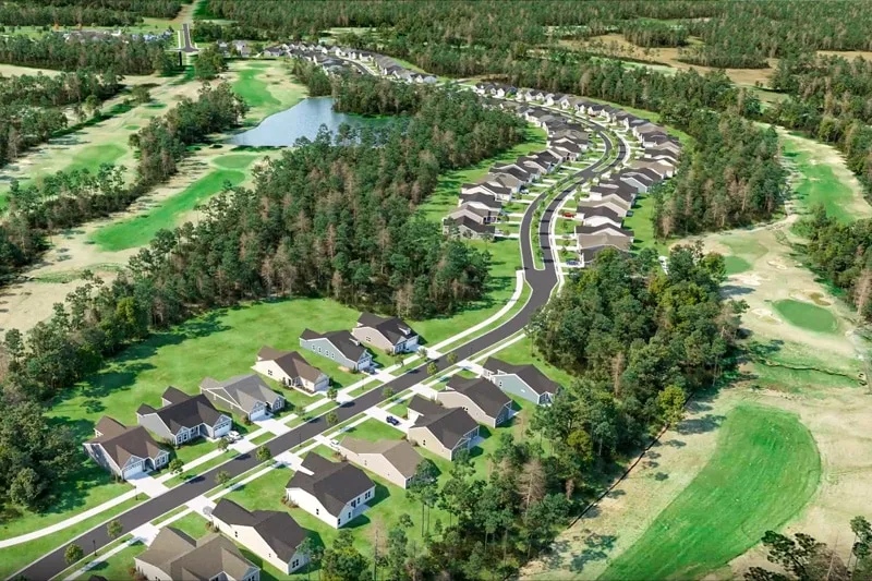 New construction suburban neighborhood in Durham viewed from above